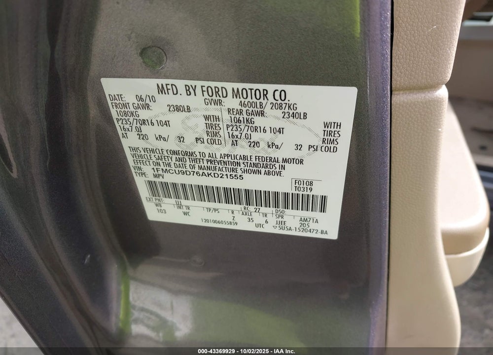 2010 FORD ESCAPE VIN: 1FMCU9D76AKD21555