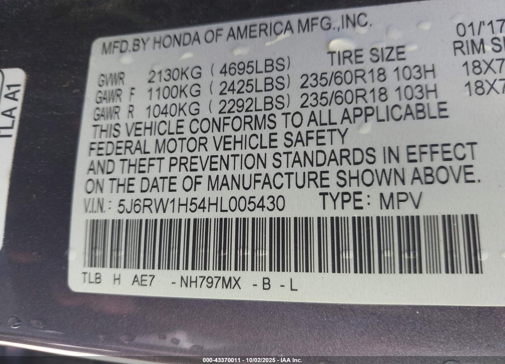 2017 HONDA CR-V VIN: 5J6RW1H54HL005430