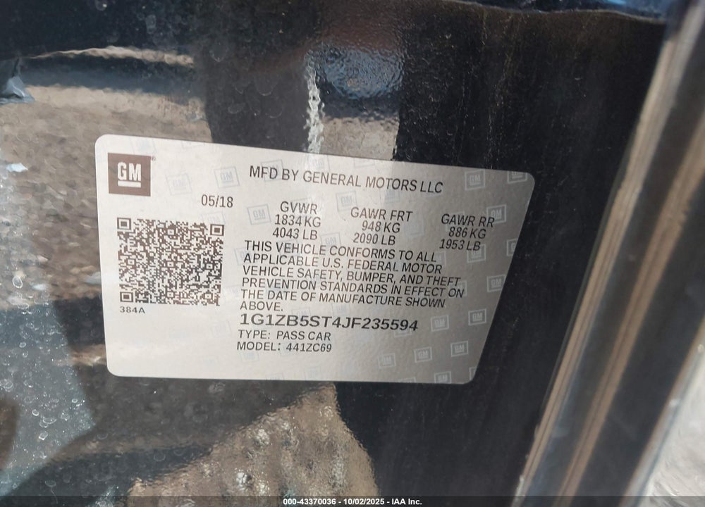 2018 CHEVROLET MALIBU VIN: 1G1ZB5ST4JF235594
