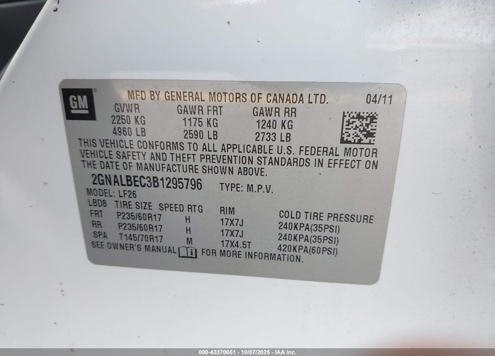 2011 CHEVROLET EQUINOX VIN: 2GNALBEC3B1295796
