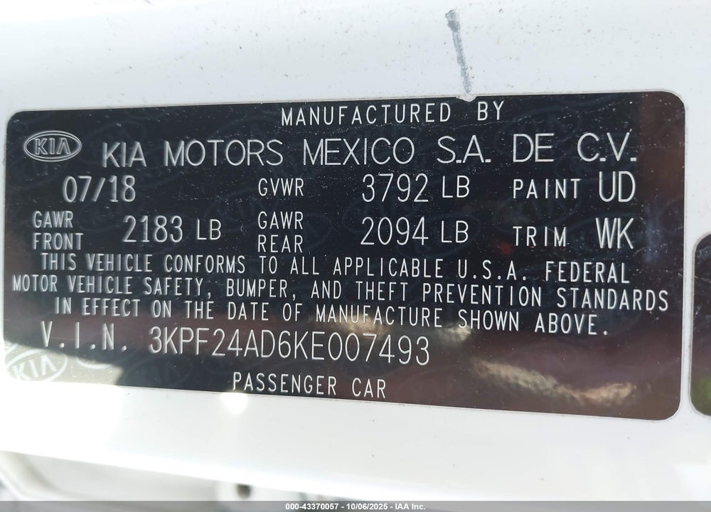 2019 KIA FORTE LXS VIN: 3KPF24AD6KE007493