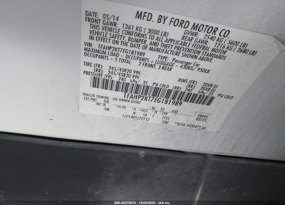 2014 FORD TAURUS VIN: 1FAHP2KT7EG181989