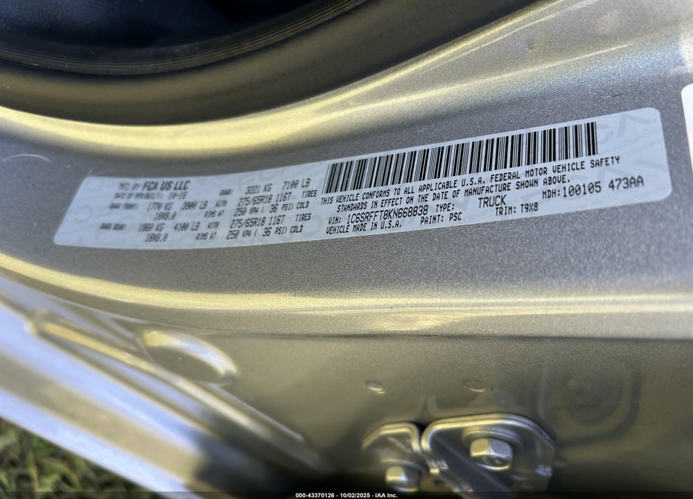 2019 RAM 1500 BIG HORN/LONE STAR 4X4 5'7 BOX VIN: 1C6SRFFT8KN668838