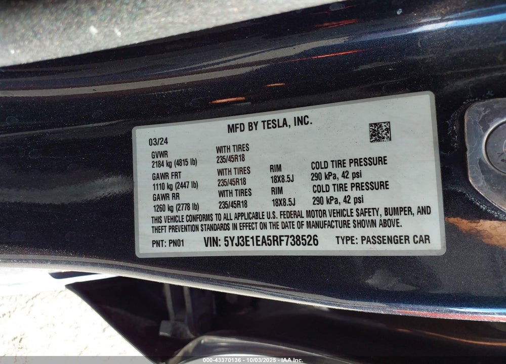 2024 TESLA MODEL 3 LONG RANGE DUAL MOTOR ALL-WHEEL DRIVE/REAR-WHEEL DRIVE VIN: 5YJ3E1EA5RF738526