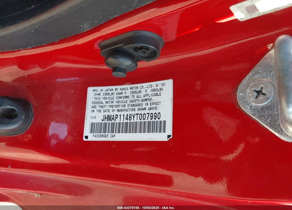 2000 HONDA S2000 VIN: JHMAP1148YT007990