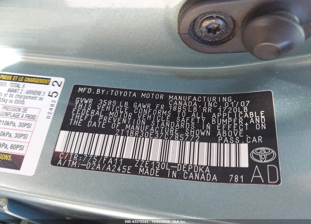 2007 TOYOTA COROLLA CE VIN: 2T1BR30E37C785772