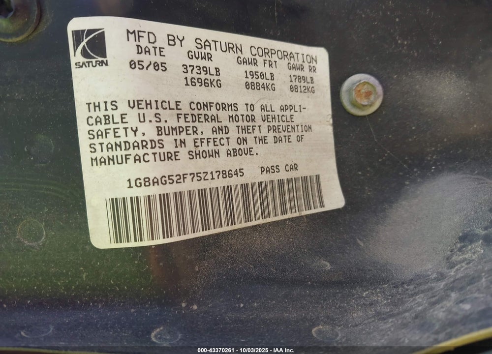 2005 SATURN ION 1 VIN: 1G8AG52F75Z178645