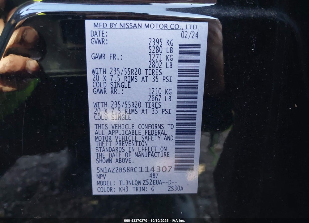 2024 NISSAN MURANO VIN: 5N1AZ2BS8RC114307