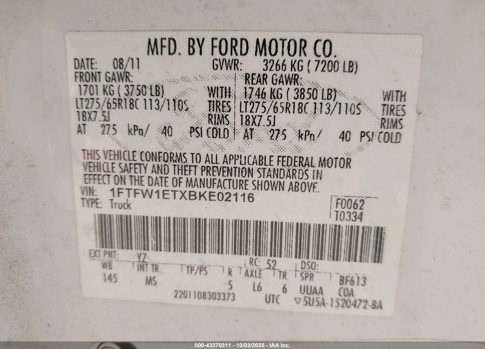 2011 FORD F-150 VIN: 1FTFW1ETXBKE02116