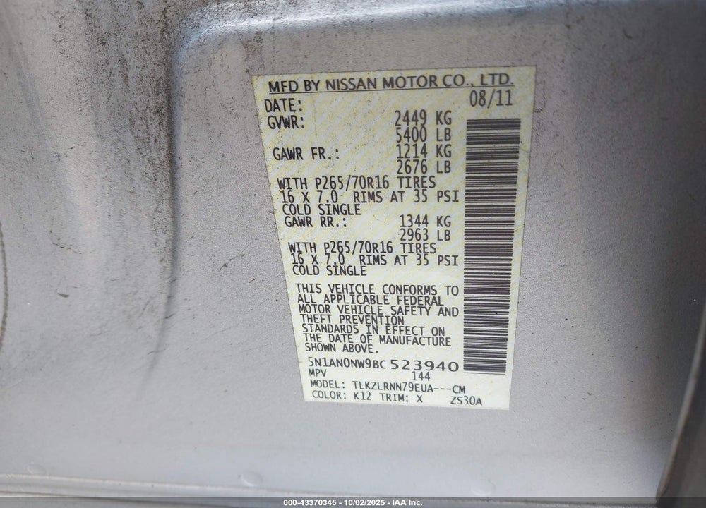 2011 NISSAN XTERRA VIN: 5N1AN0NW9BC523940