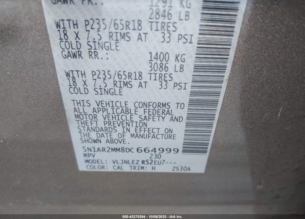 2013 NISSAN PATHFINDER SV VIN: 5N1AR2MM8DC664999