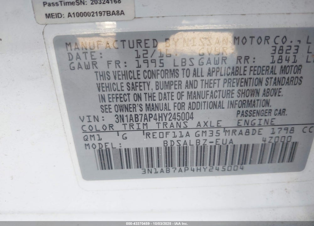 2017 NISSAN SENTRA VIN: 3N1AB7AP4HY245004