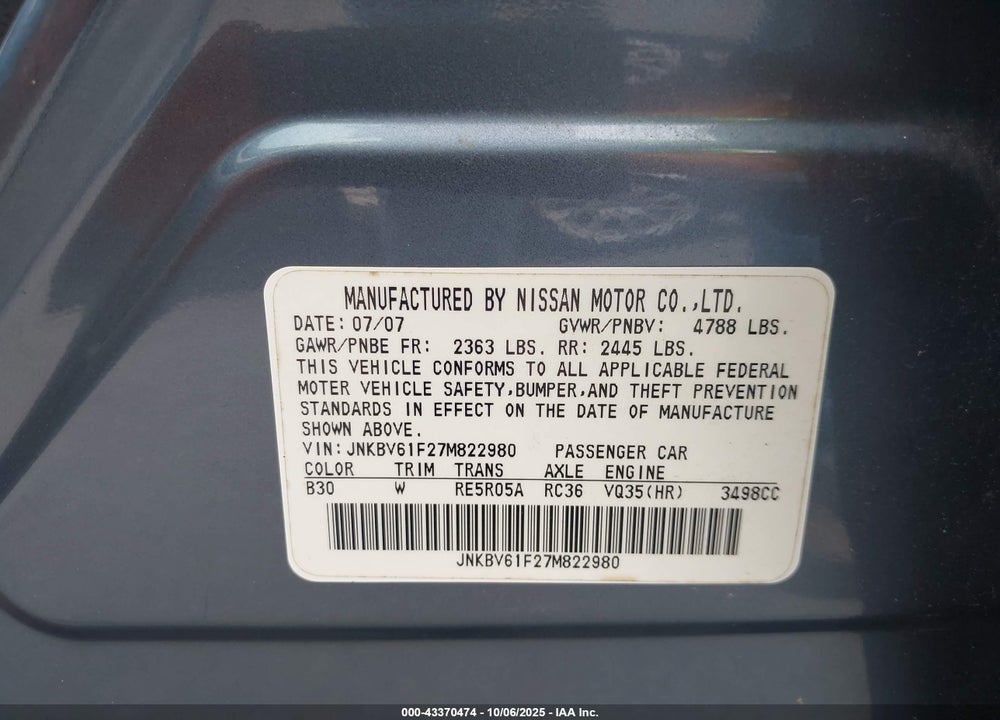 2007 INFINITI G35X VIN: JNKBV61F27M822980