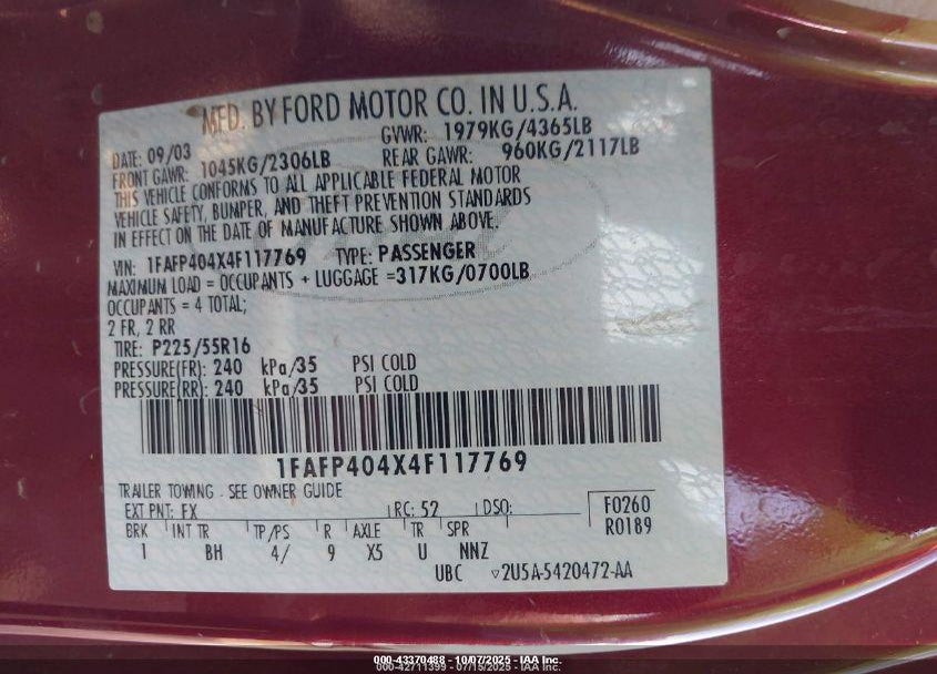 2004 FORD MUSTANG VIN: 1FAFP404X4F117769