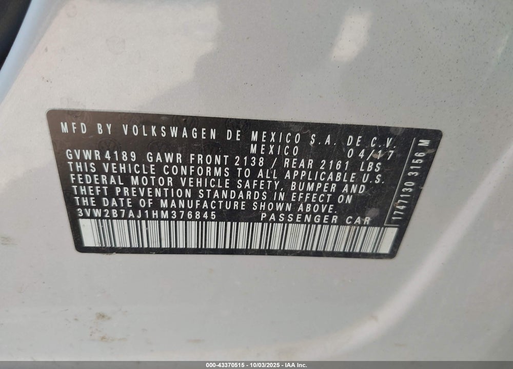 2017 VOLKSWAGEN JETTA 1.4T S VIN: 3VW2B7AJ1HM376845