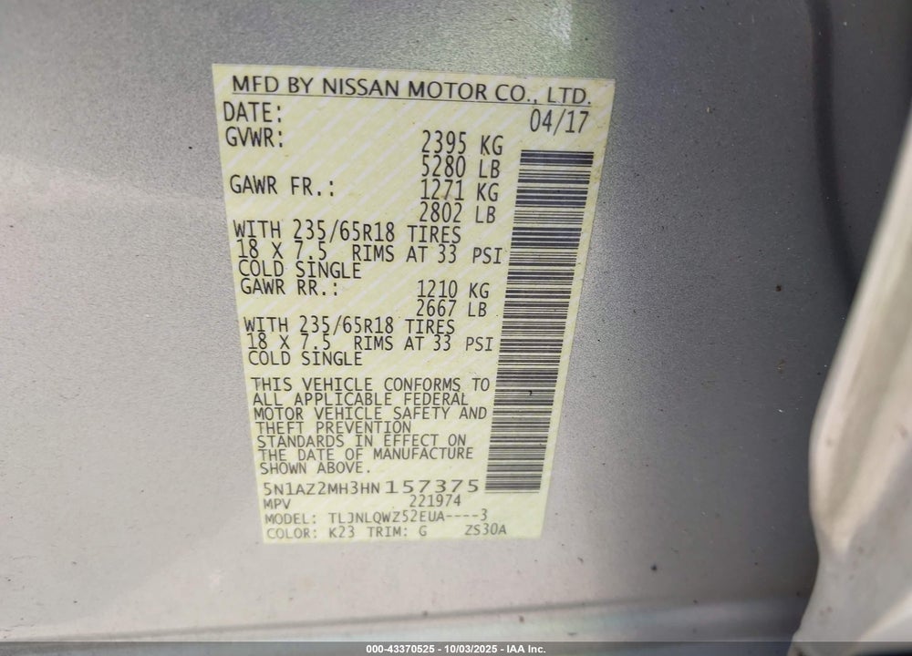 2017 NISSAN MURANO VIN: 5N1AZ2MH3HN157375