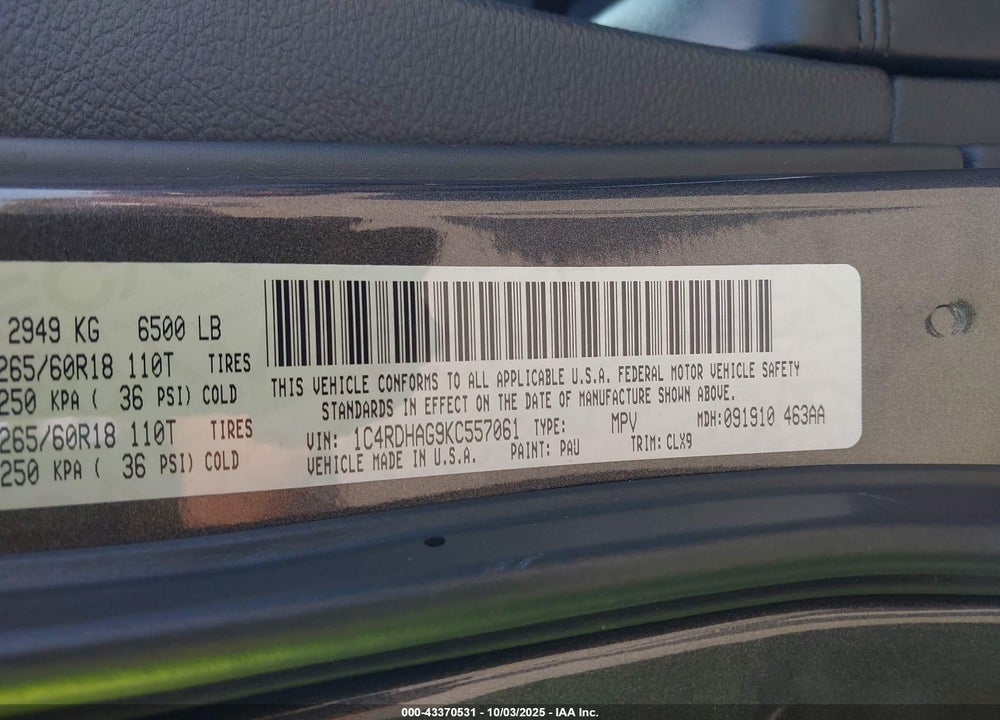 2019 DODGE DURANGO SXT PLUS RWD VIN: 1C4RDHAG9KC557061