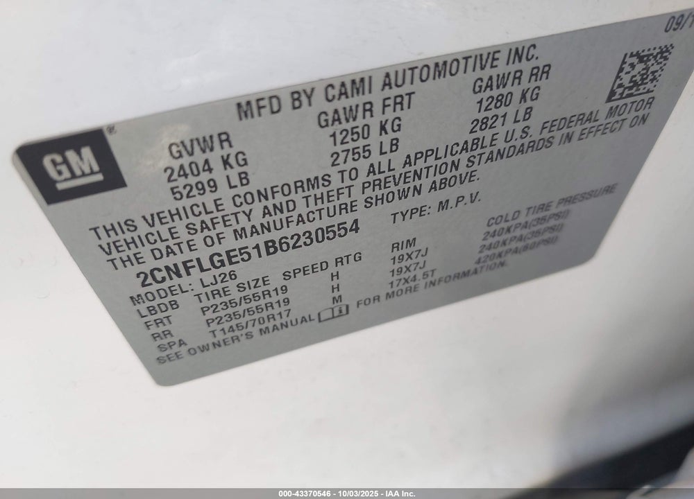 2011 CHEVROLET EQUINOX VIN: 2CNFLGE51B6230554