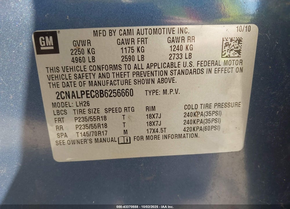 2011 CHEVROLET EQUINOX VIN: 2CNALPEC8B6256660