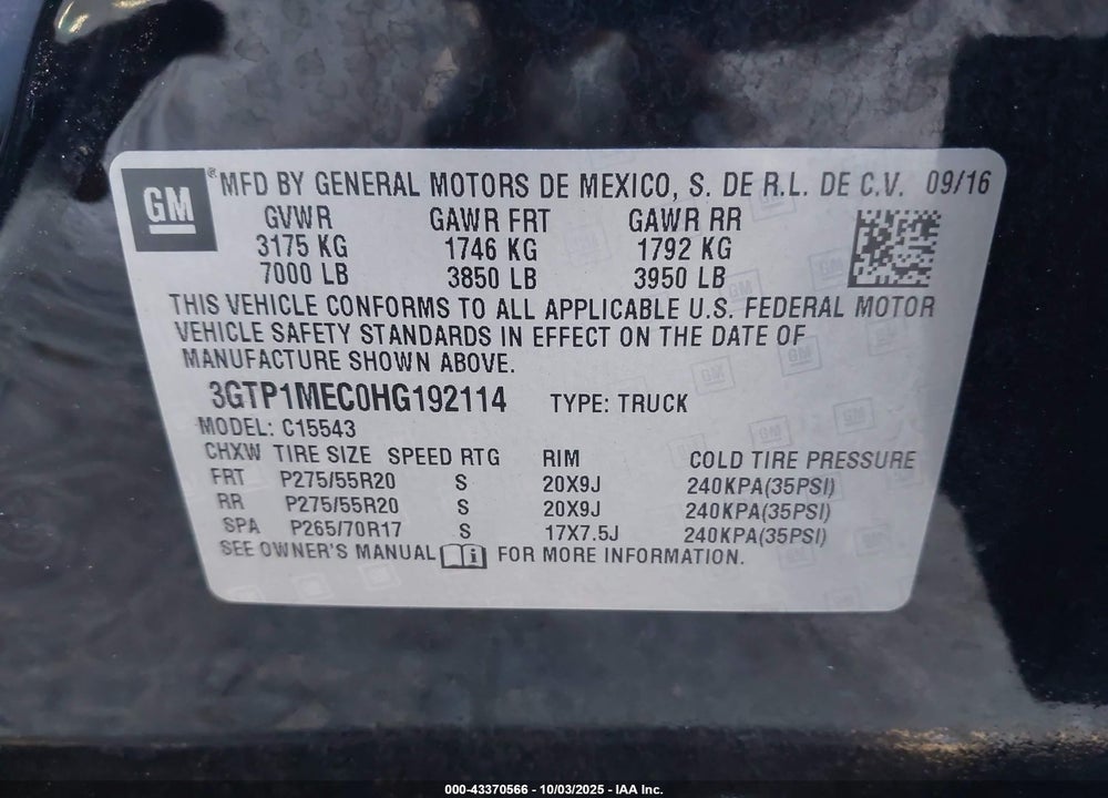 2017 GMC SIERRA 1500 SLE VIN: 3GTP1MEC0HG192114