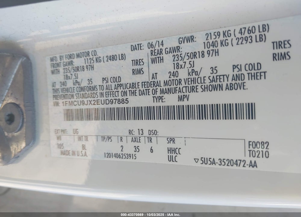 2014 FORD ESCAPE VIN: 1FMCU9JX2EUD97885