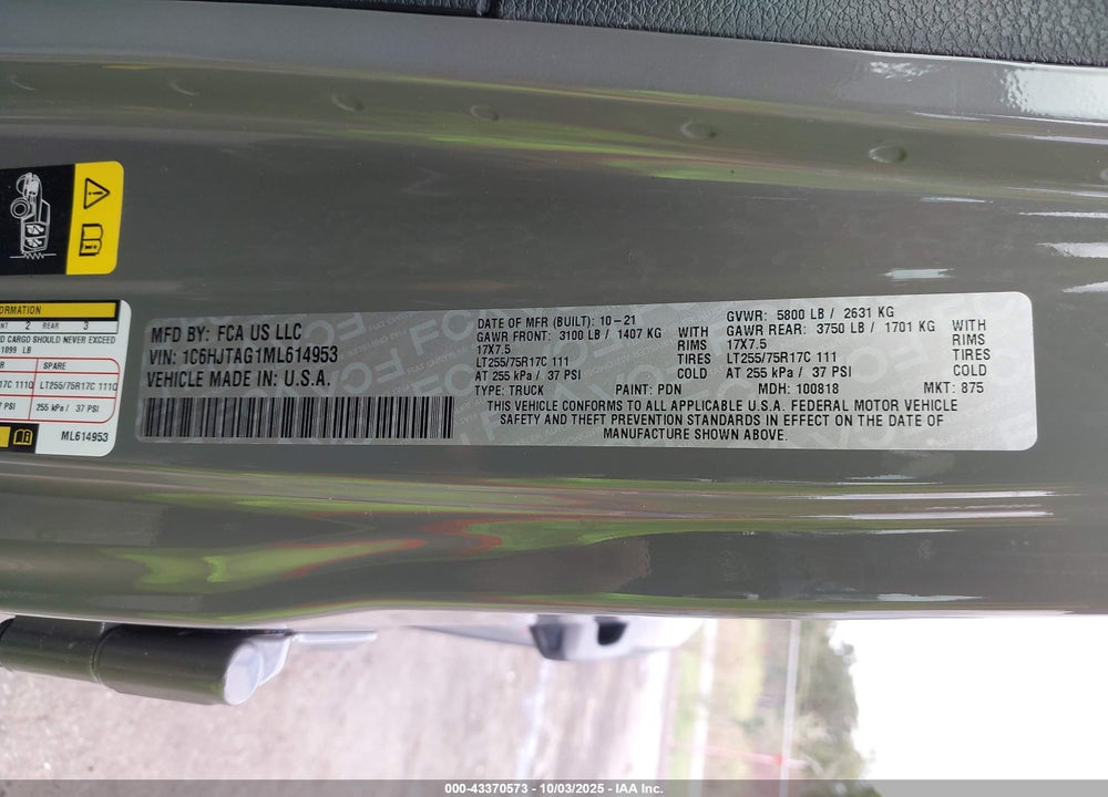 2021 JEEP GLADIATOR WILLYS 4X4 VIN: 1C6HJTAG1ML614953