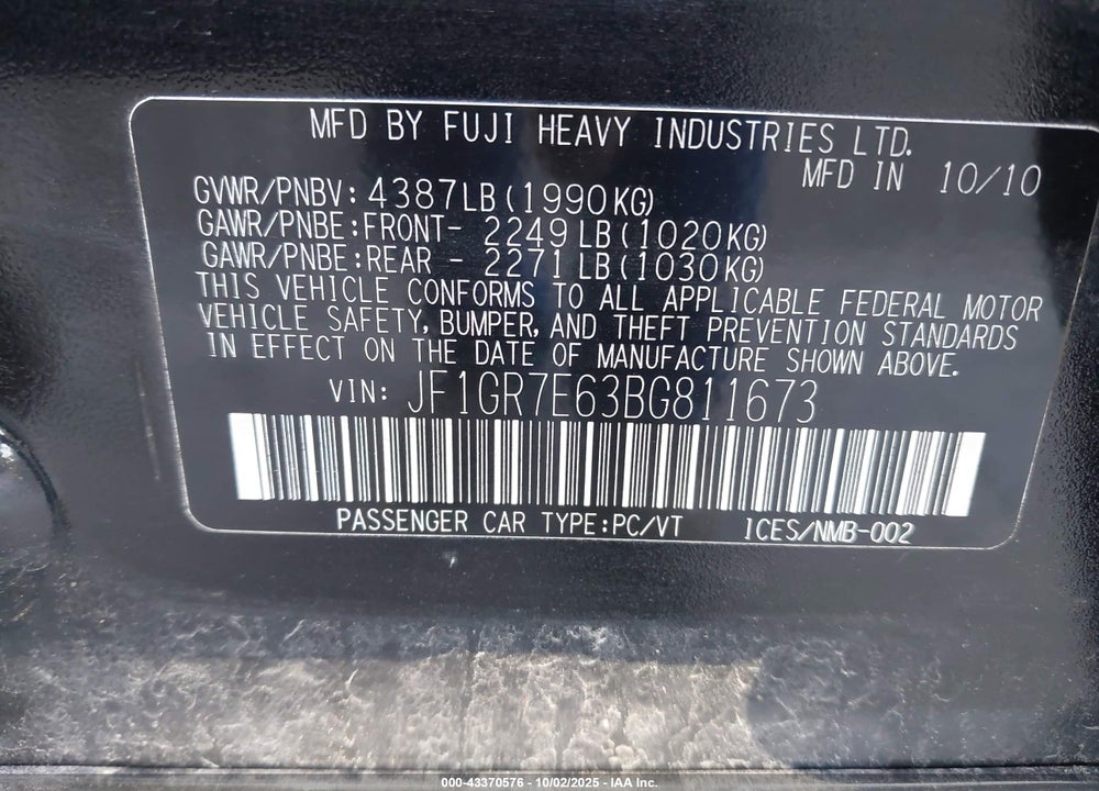 2011 SUBARU IMPREZA WRX PREMIUM VIN: JF1GR7E63BG811673