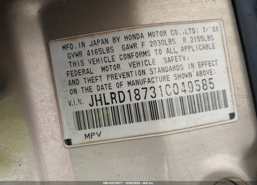 2001 HONDA CR-V SPECIAL EDITION VIN: JHLRD18731C049585