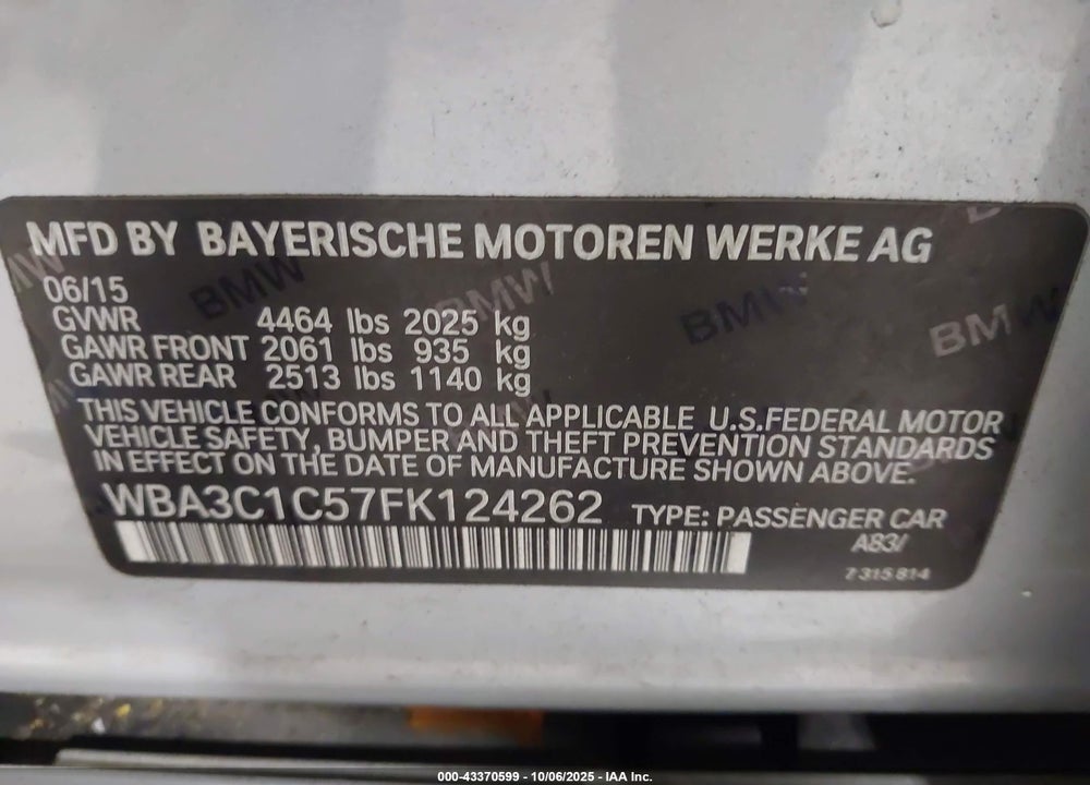 2015 BMW 328I VIN: WBA3C1C57FK124262