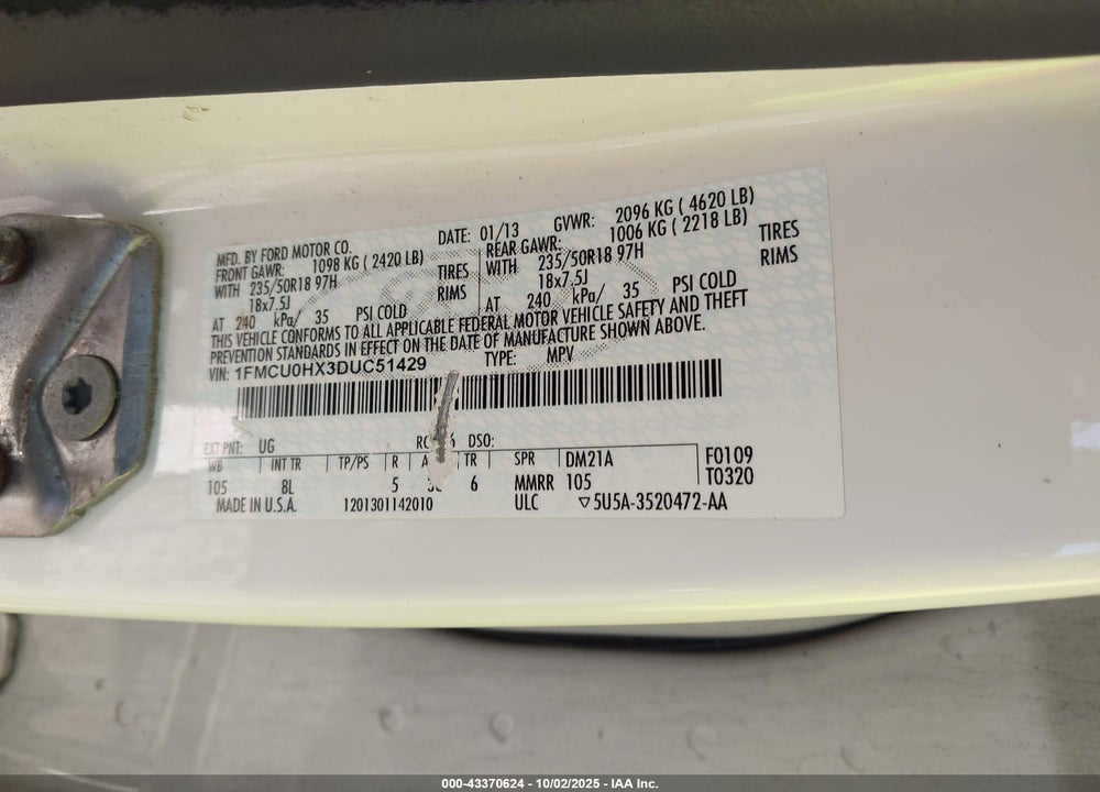 2013 FORD ESCAPE VIN: 1FMCU0HX3DUC51429