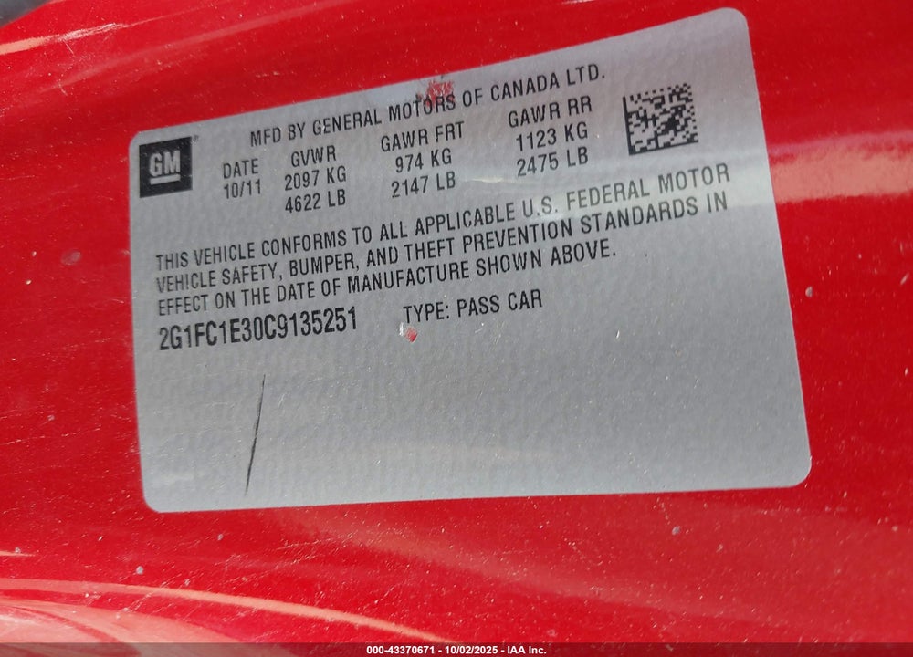2012 CHEVROLET CAMARO VIN: 2G1FC1E30C9135251