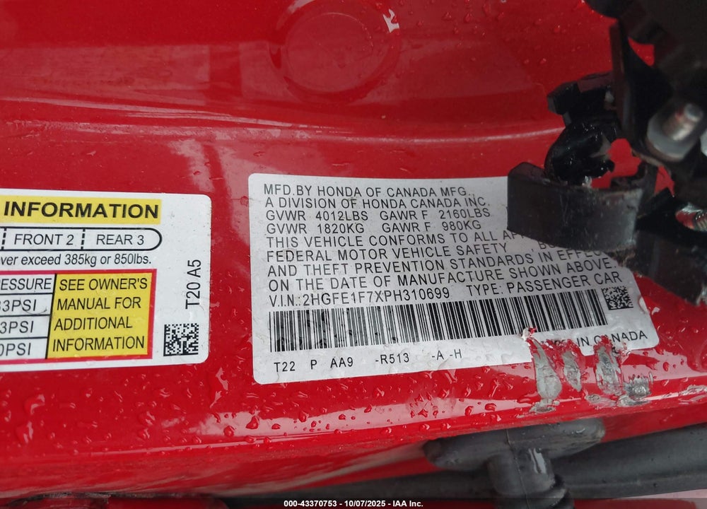 2023 HONDA CIVIC EX /EX W/O BSI VIN: 2HGFE1F7XPH310699