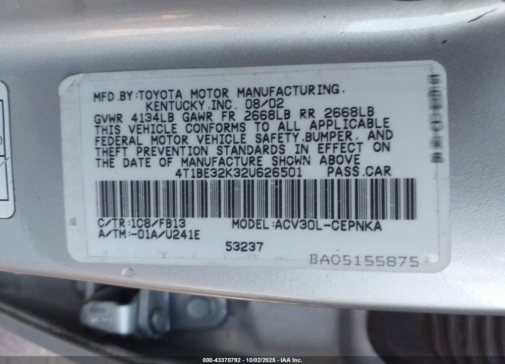 2002 TOYOTA CAMRY LE VIN: 4T1BE32K32U626501