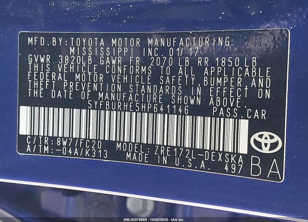 2017 TOYOTA COROLLA SE VIN: 5YFBURHE5HP641146