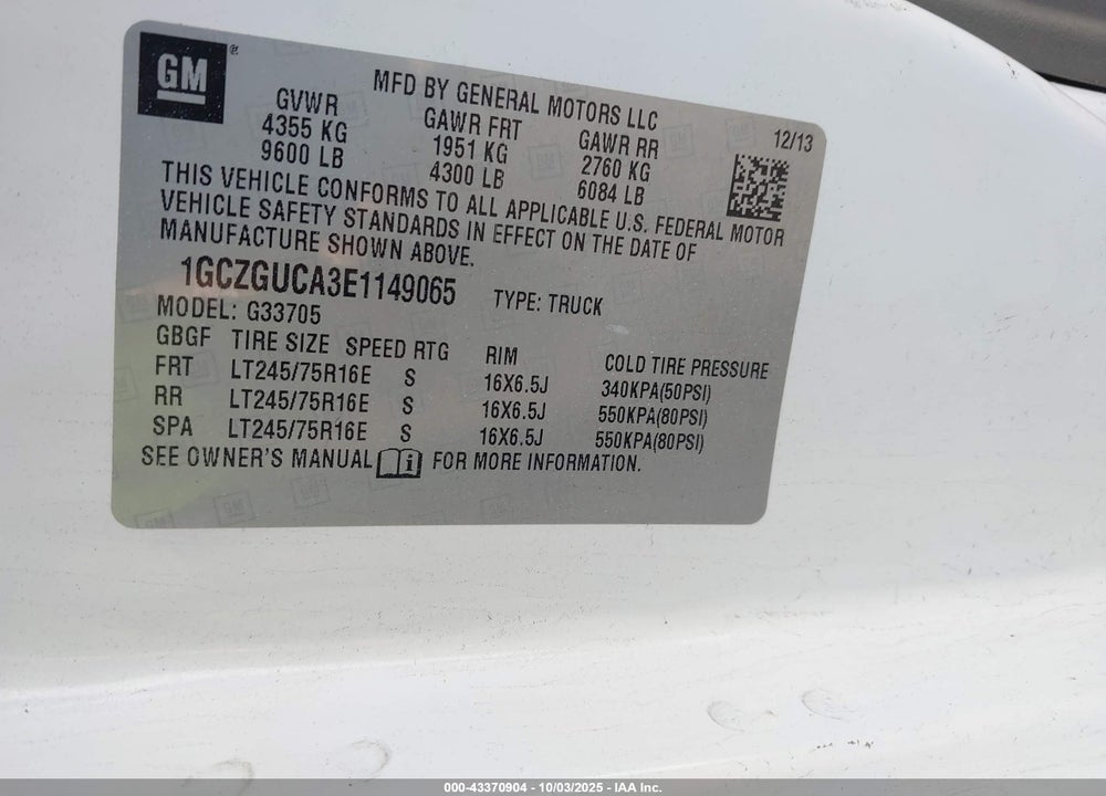 2014 CHEVROLET EXPRESS 3500 WORK VAN VIN: 1GCZGUCA3E1149065