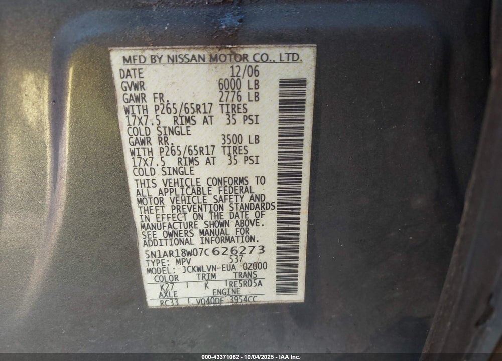 2007 NISSAN PATHFINDER LE VIN: 5N1AR18W07C626273