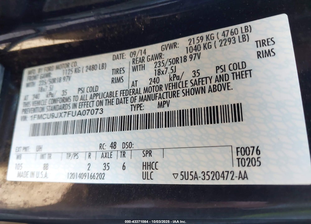 2015 FORD ESCAPE VIN: 1FMCU9JX7FUA07073