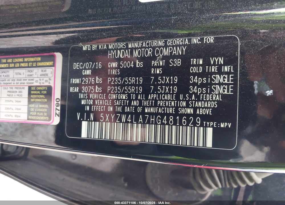 2017 HYUNDAI SANTA FE VIN: 5XYZW4LA7HG481629