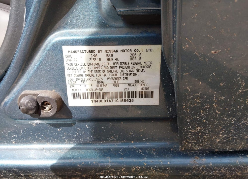 2001 NISSAN ALTIMA GLE VIN: 1N4DL01A71C155635