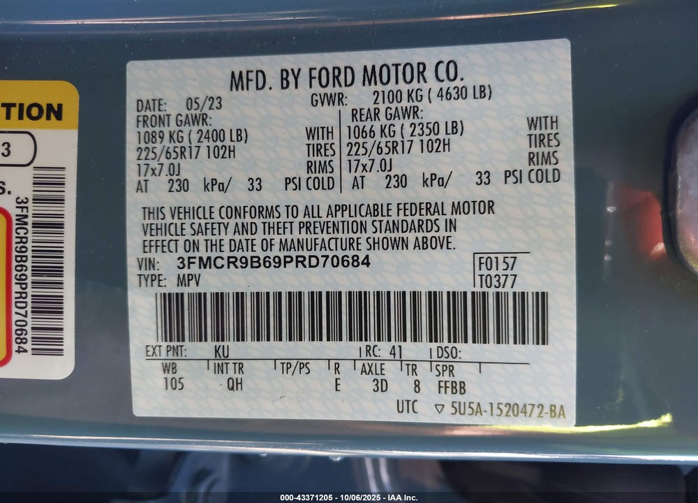 2023 FORD BRONCO SPORT BIG BEND VIN: 3FMCR9B69PRD70684
