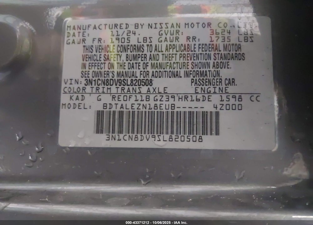 2025 NISSAN VERSA VIN: 3N1CN8DV9SL820508
