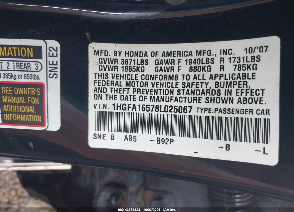 2008 HONDA CIVIC LX VIN: 1HGFA16578L025067
