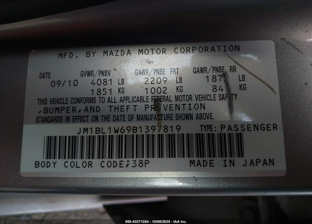 2011 MAZDA MAZDA3 VIN: JM1BL1W69B1397819