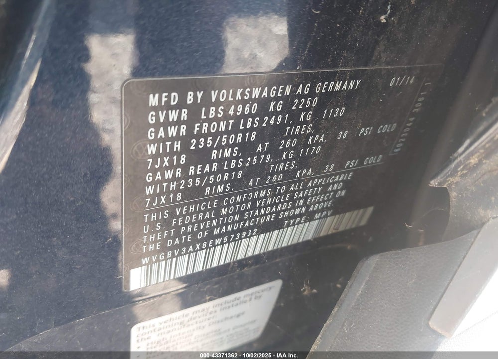 2014 VOLKSWAGEN TIGUAN VIN: WVGBV3AX8EW573932