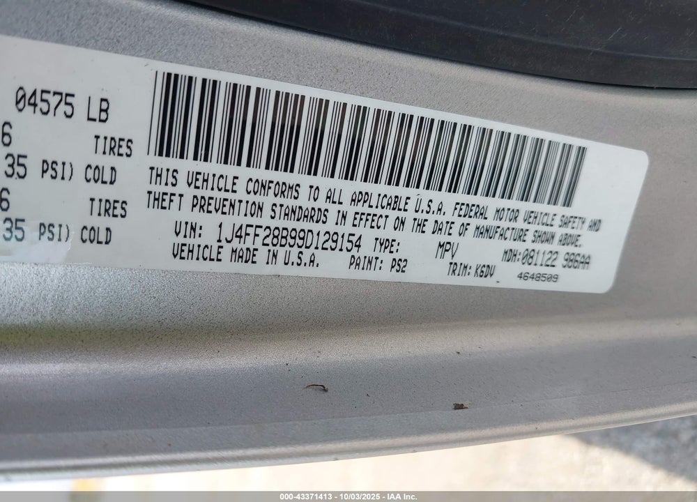 2009 JEEP PATRIOT VIN: 1J4FF28B99D129154
