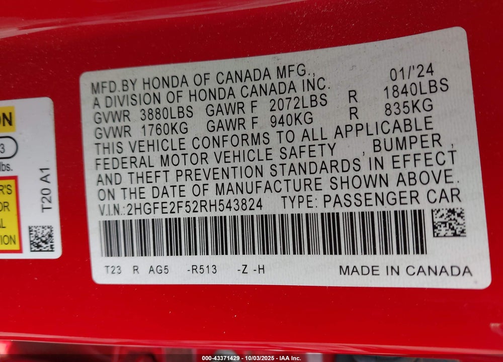 2024 HONDA CIVIC SPORT VIN: 2HGFE2F52RH543824