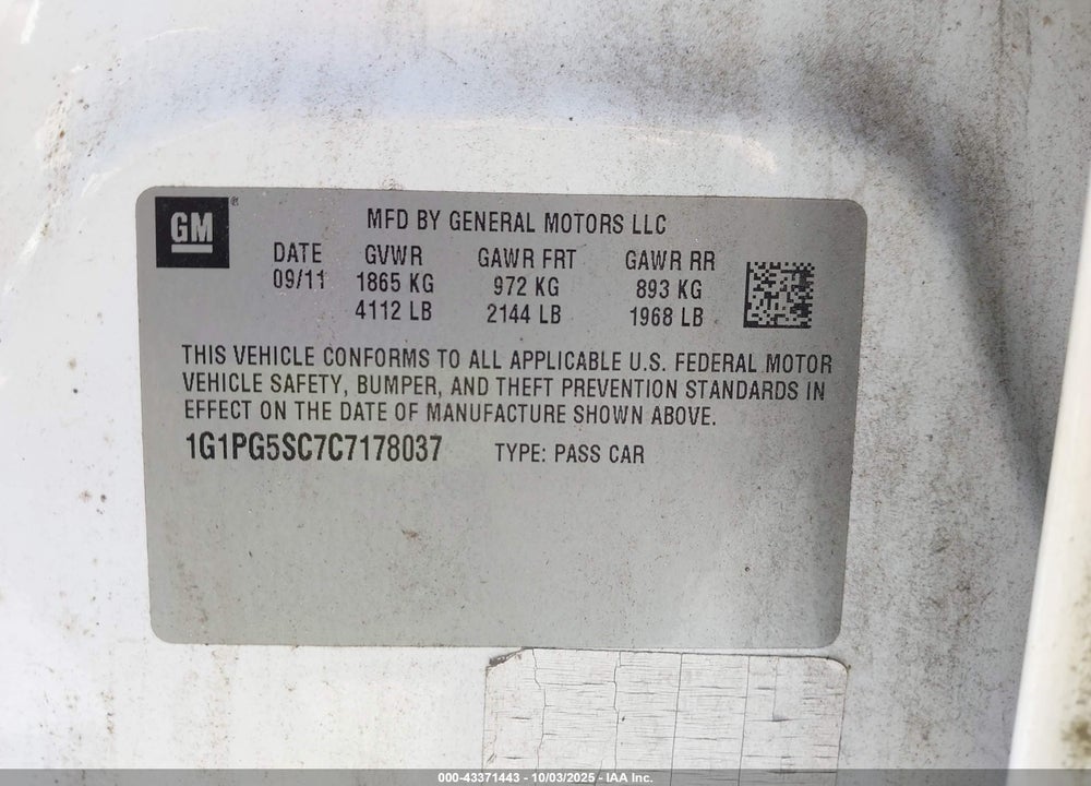 2012 CHEVROLET CRUZE 2LT VIN: 1G1PG5SC7C7178037