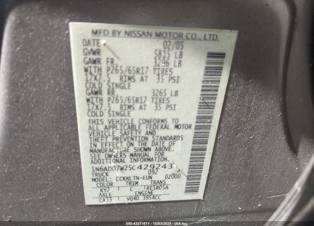 2005 NISSAN FRONTIER LE VIN: 1N6AD07W25C429243