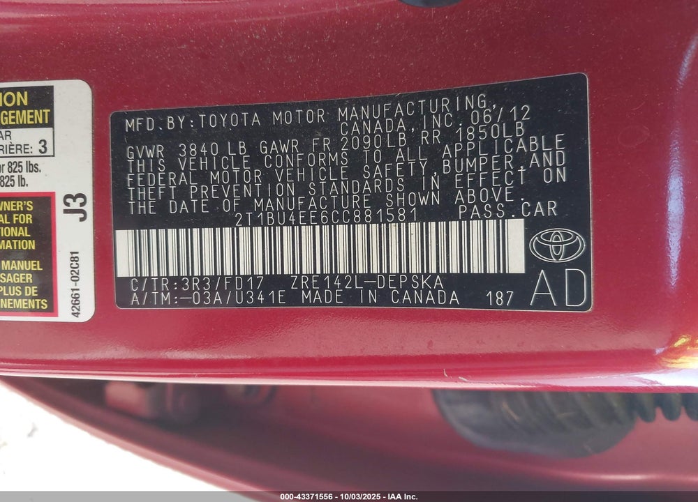 2012 TOYOTA COROLLA VIN: 2T1BU4EE6CC881581