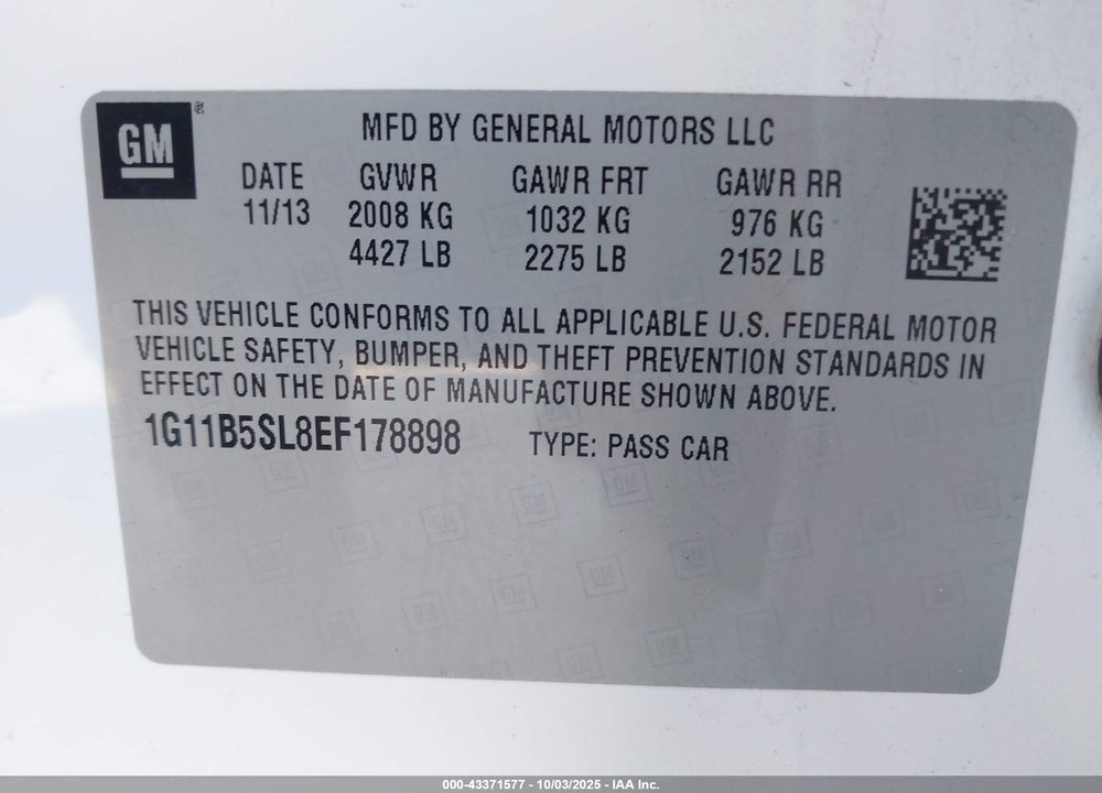 2014 CHEVROLET MALIBU VIN: 1G11B5SL8EF178898